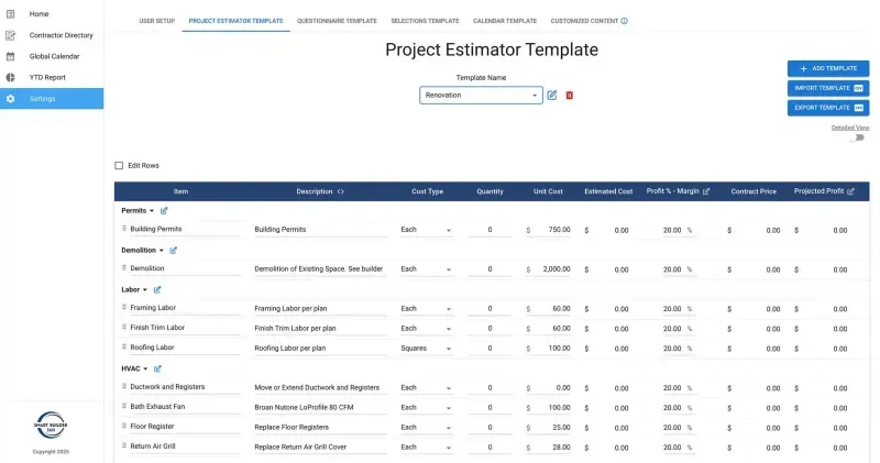Construction estimating and proposals software screen showing cost breakdown and client-facing proposal