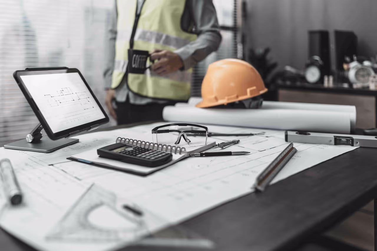 Contractor reviewing a construction proposal on a tablet at a job site with blueprints in the background