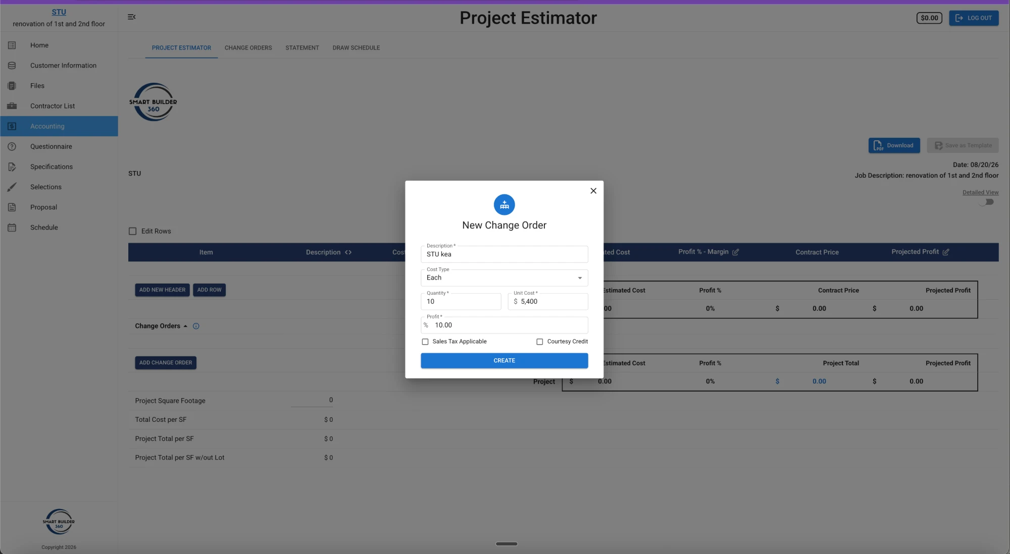 Smart Builder 360 change order form showing description, cost type, quantity, unit cost, and profit margin fields logged against the project