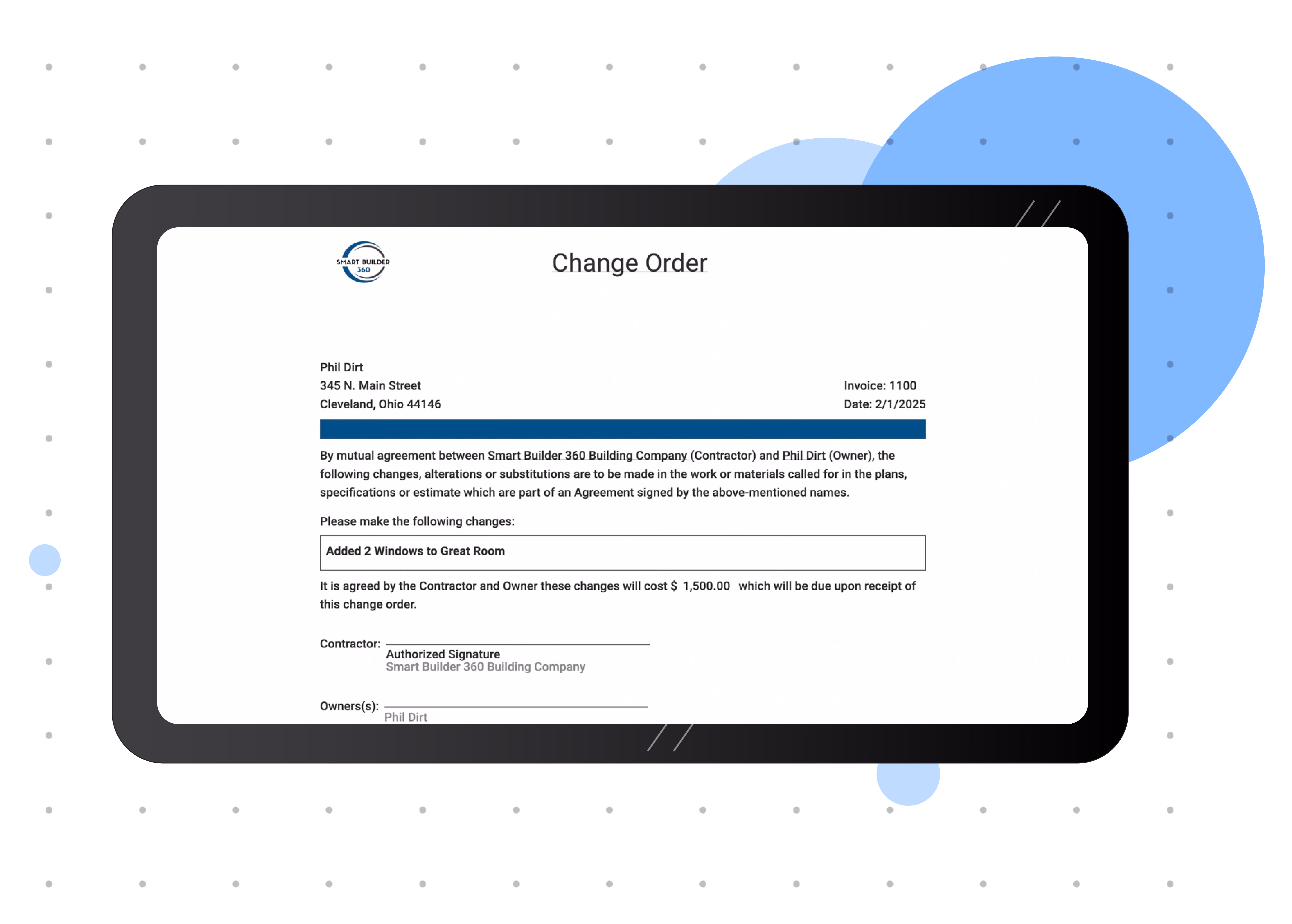 Smart Builder 360 change orders screen for home builders