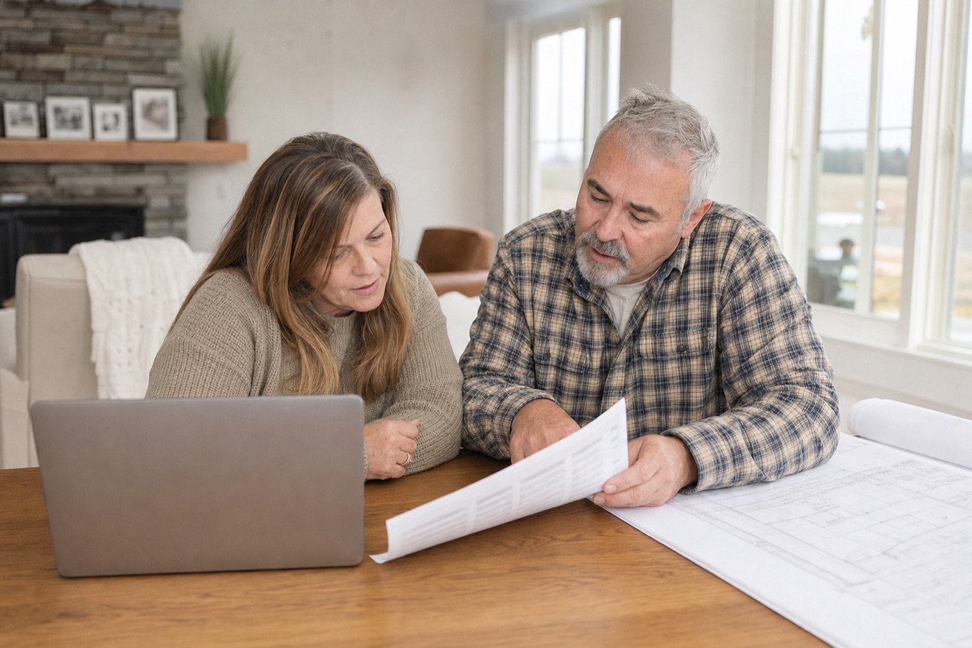 Home builder and homeowner at a kitchen table reviewing a printed construction budget with line items