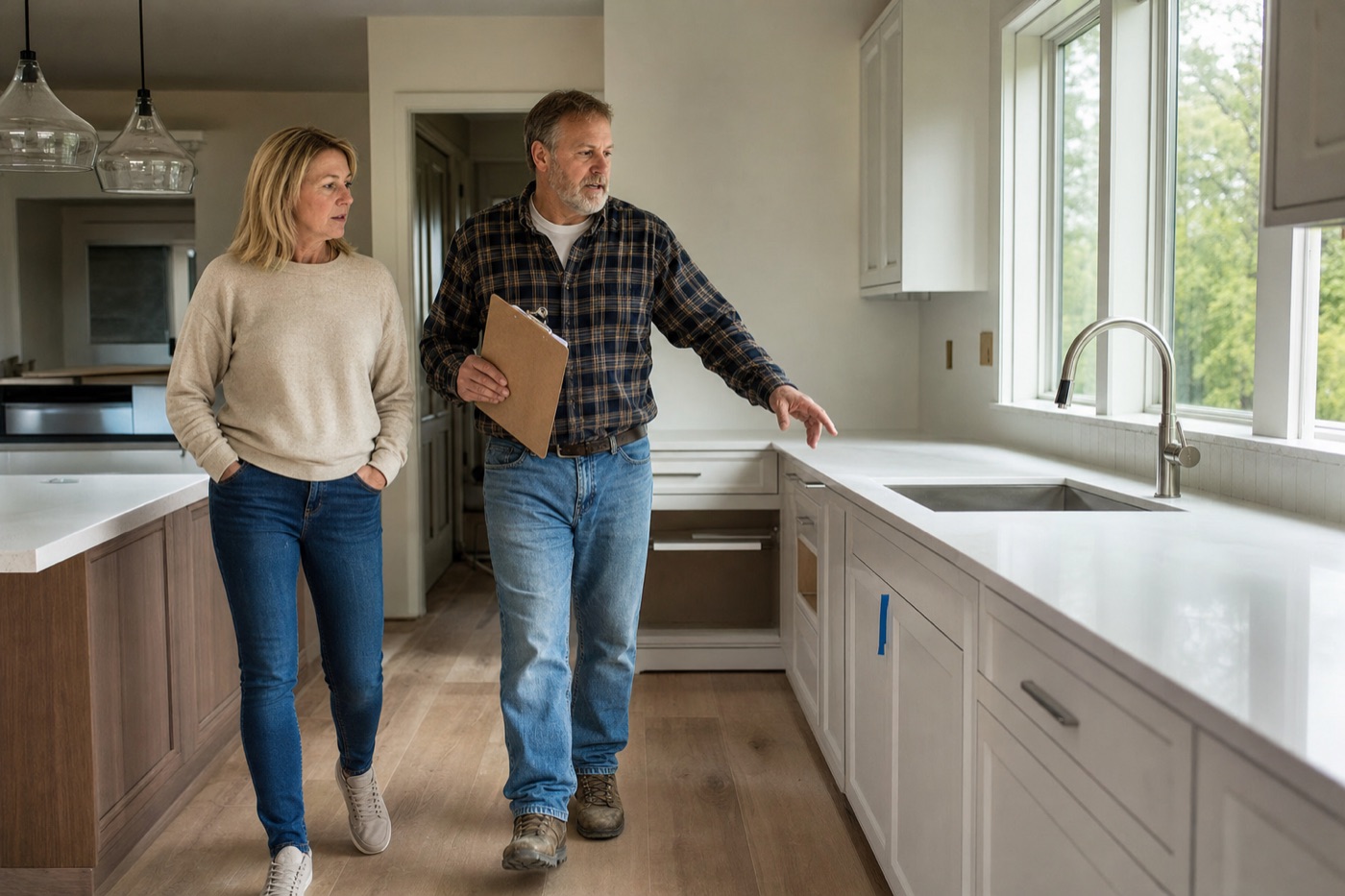 Home builder and homeowner walking a nearly finished kitchen with a punch list on a clipboard