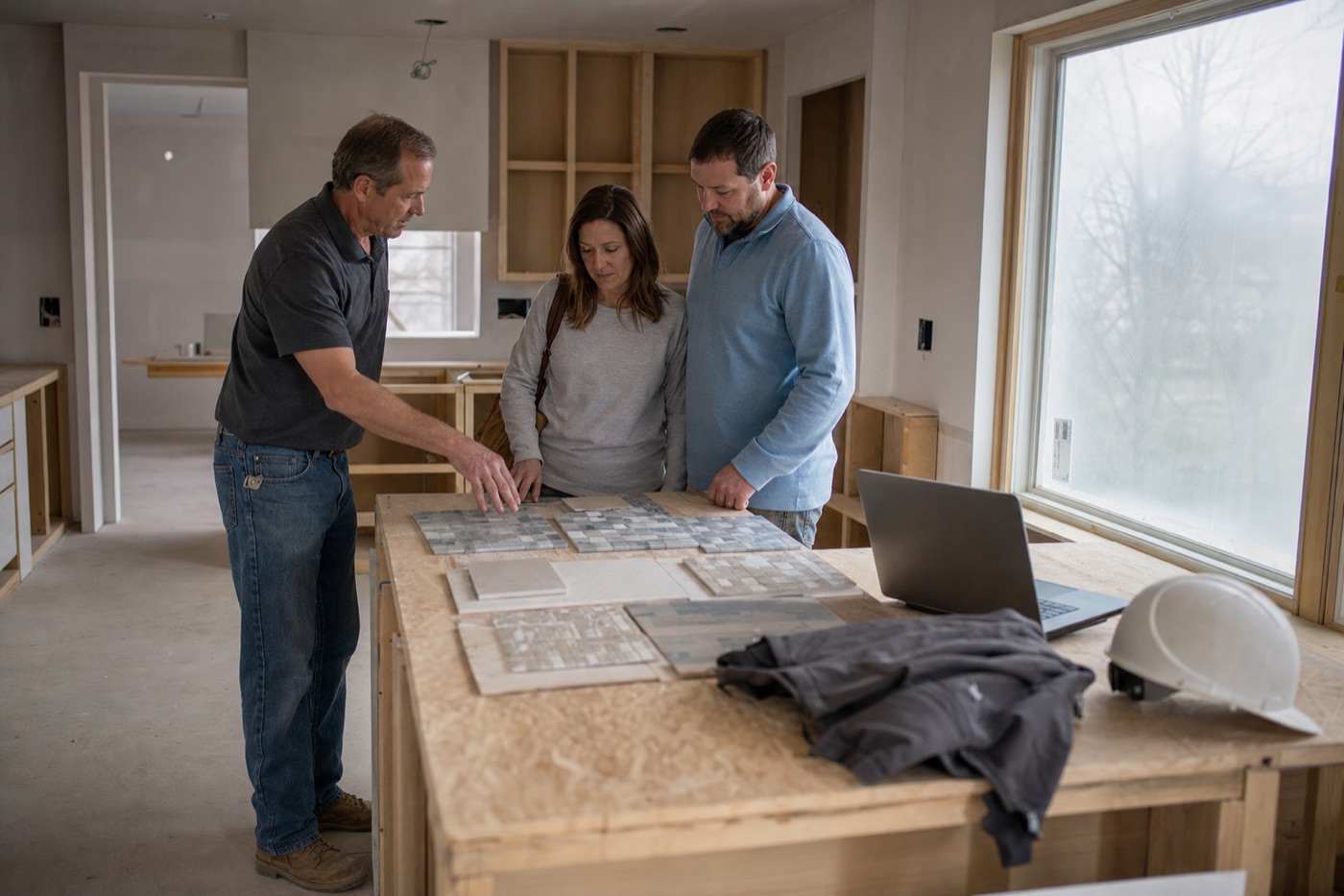 Builder and homeowners choosing tile samples while discussing an allowance overage in a kitchen under construction