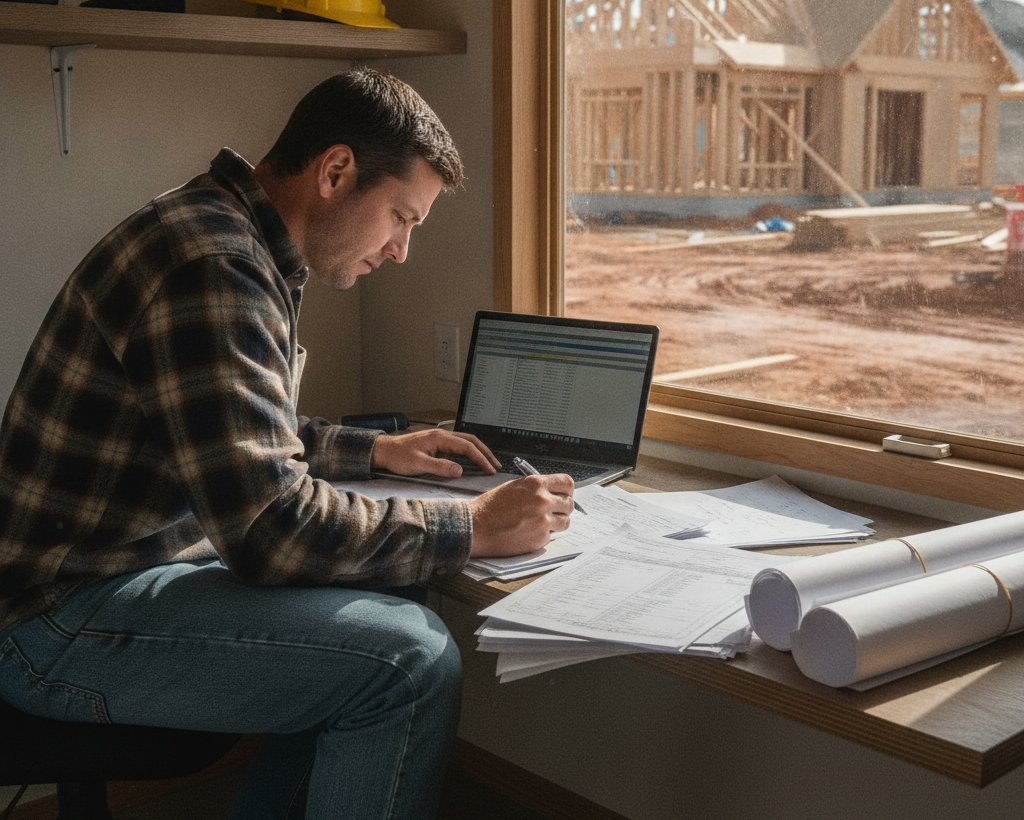 Home builder reviewing bank draw request documentation at a jobsite trailer desk with construction plans and a laptop — managing the construction loan draw process