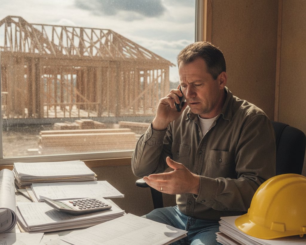 Home builder reviewing construction loan paperwork on the phone at a jobsite trailer desk, framed house visible through the window