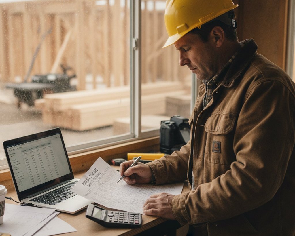 Small builder reviewing a printed construction cost estimate and laptop spreadsheet at a jobsite trailer desk