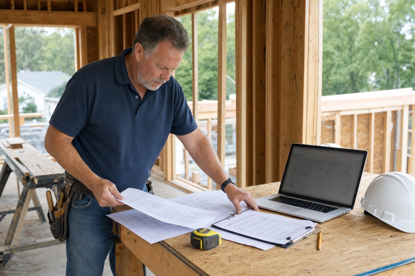 Builder reviewing plans and an estimate sheet to show how to estimate construction costs line by line