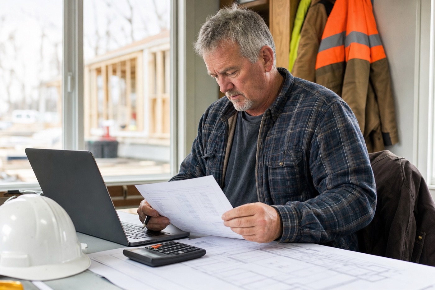 Home builder at a desk reviewing a schedule of values that splits a contract into line items