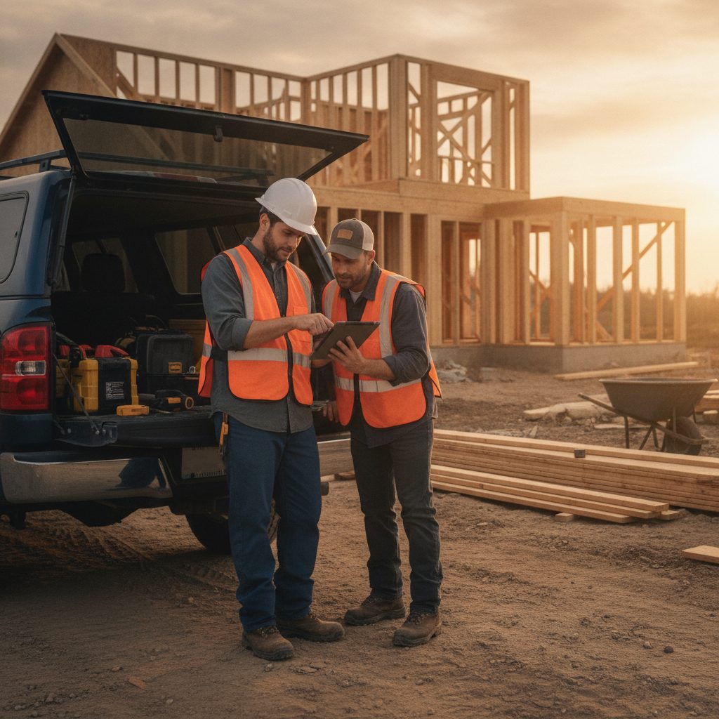 Two residential construction crew members reviewing project details on a tablet at a job site, easy construction software setup with no office team needed