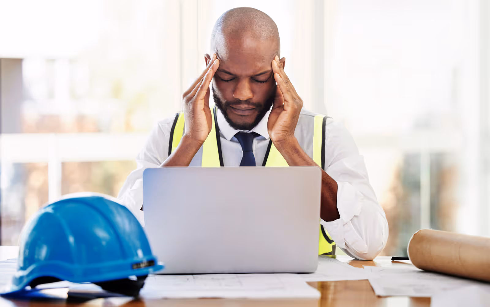 Contractor at desk reviewing construction budget overruns and job cost tracking errors on a project report