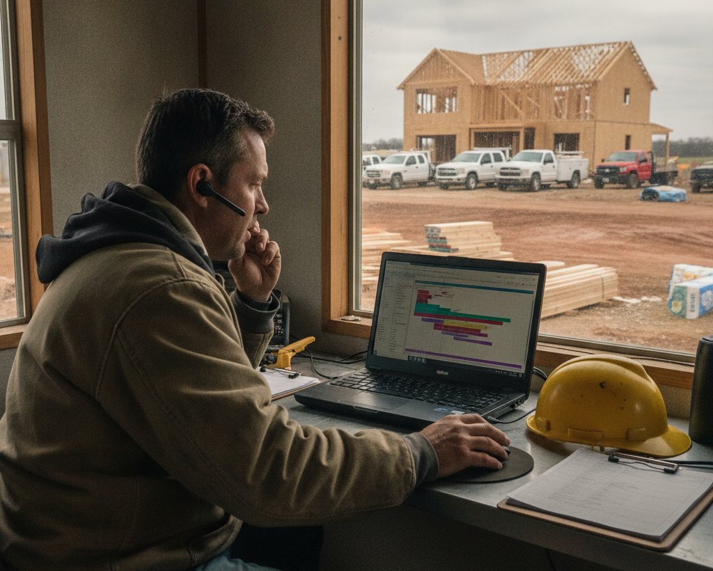 General contractor reviewing a multi-trade subcontractor schedule on a laptop, coordinating several crews on one job