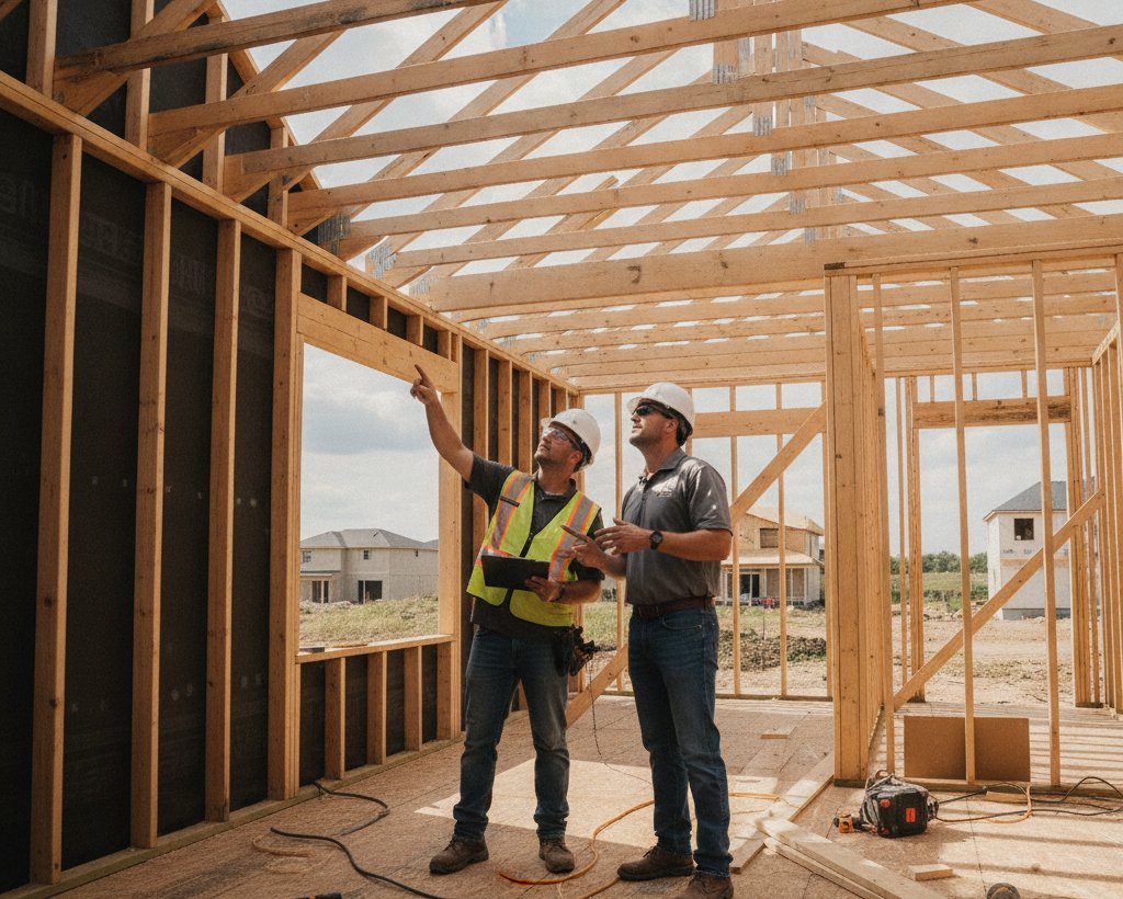 Construction inspector and home builder reviewing a completed framing phase inside a dried-in house to approve a draw request