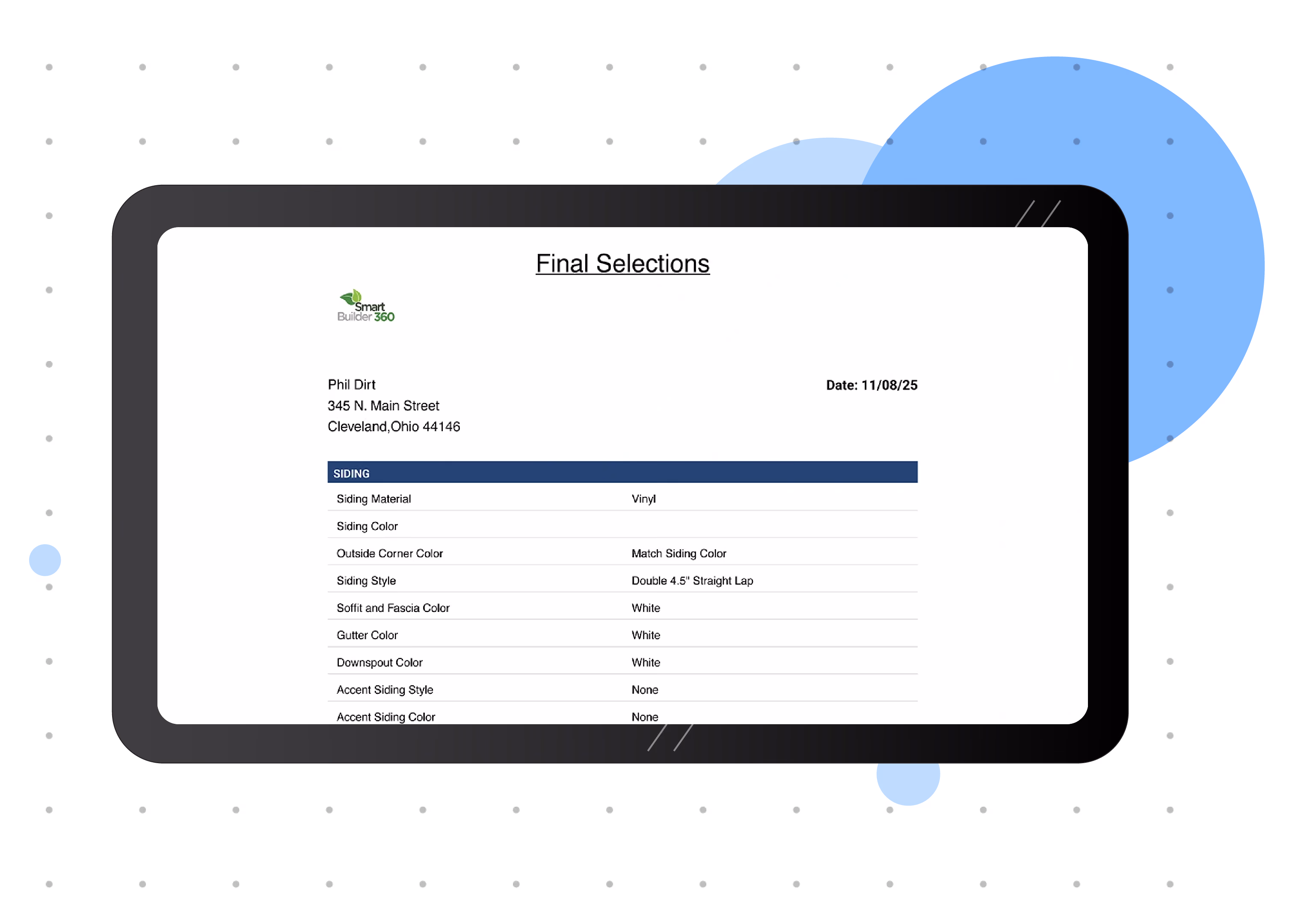 Smart Builder 360 selections screen for home builders
